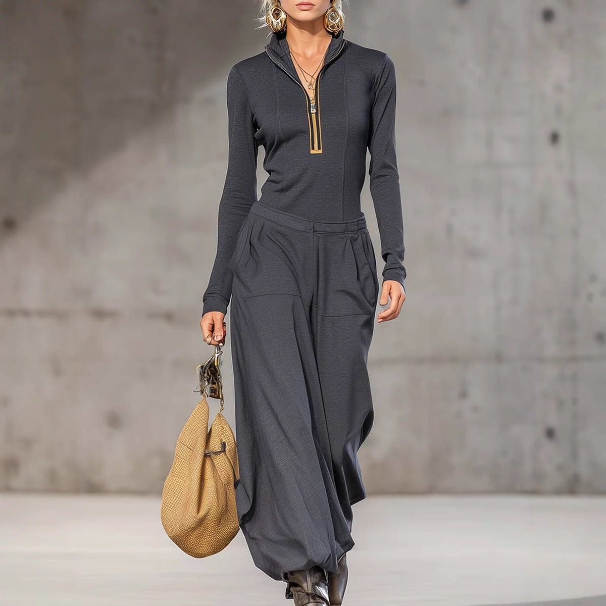 Women's Long Sleeve Wide-Leg Jumpsuit – Elegant Zip Front One-Piece Outfit for Fall & Trave