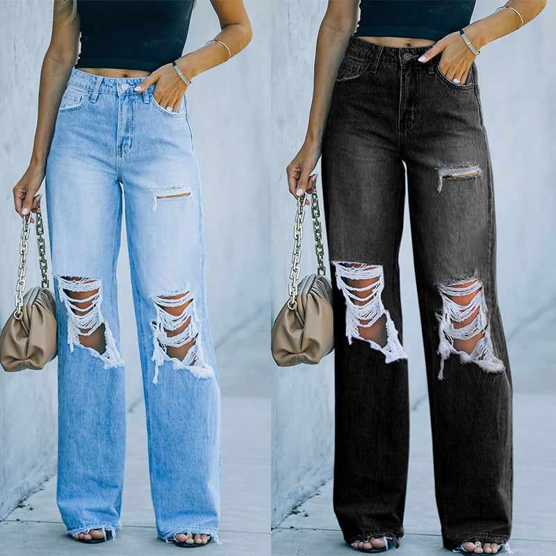 Ripped High-Waisted Wide Leg Jeans – Distressed Denim Pants in Light Blue & Black