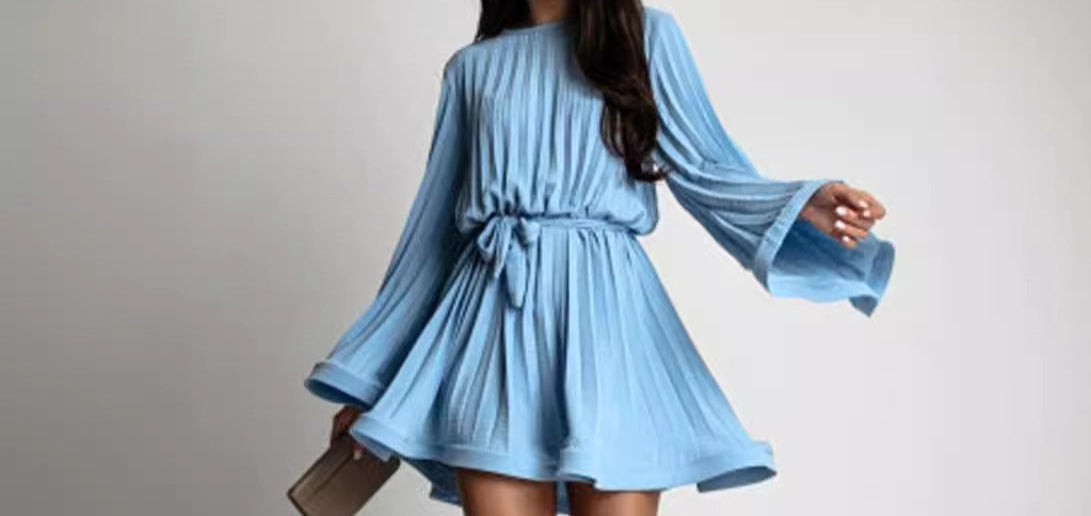 Pleated Flare Sleeve Mini Dress – Belted A-Line Party Dress for Women"