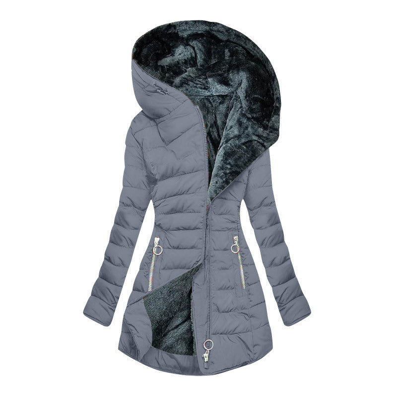 Women's Asymmetrical Zip Puffer Jacket – Hooded Winter Coat with Fleece Lining and Slim Fit