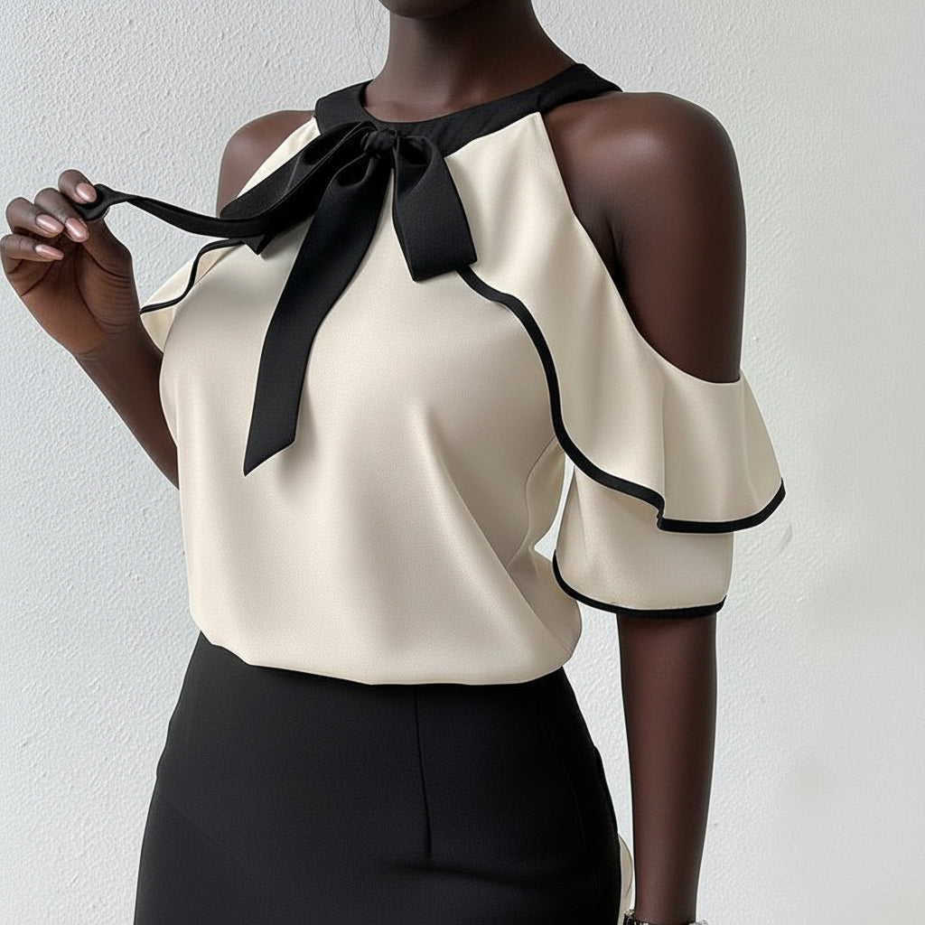 Peek-a-boo Shoulder Ruffle Blouse