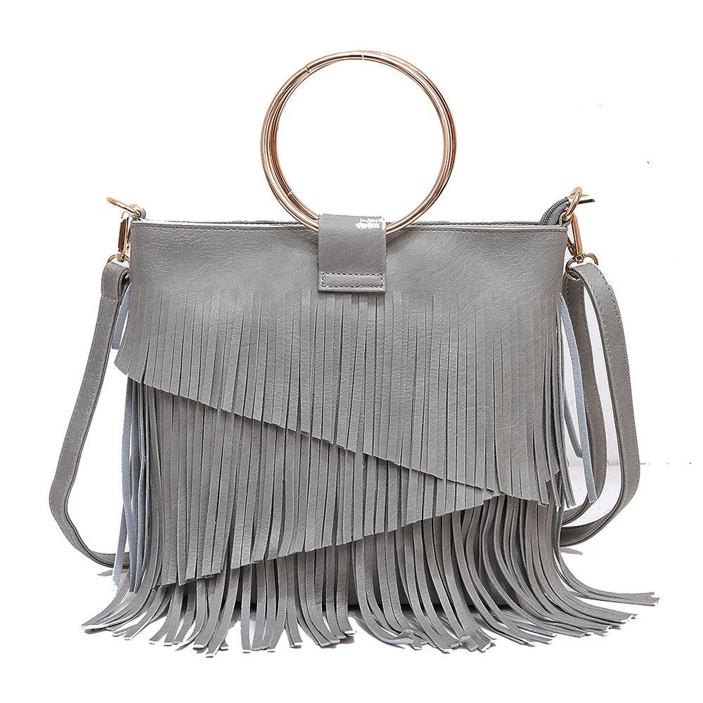Fringe Crossbody Bag – Leather Purse with Gold Ring Handles for Women