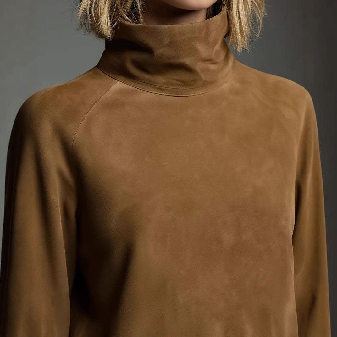 Suede Long Sleeve Mini Dress – High Neck Cargo Style Dress with Pockets for Women