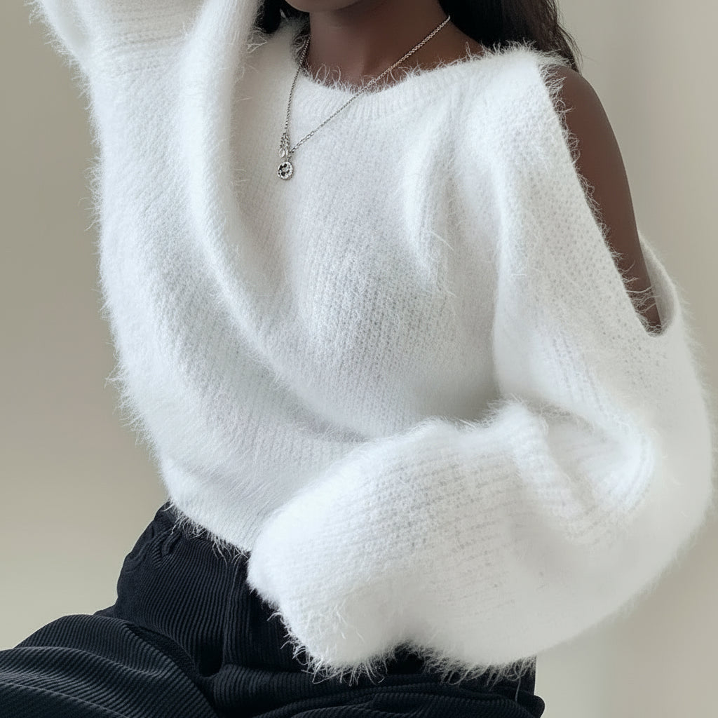 White Mink Velvet Off-shoulder Halter Top