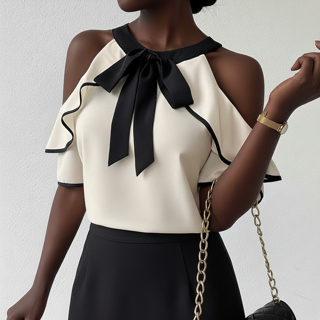 Peek-a-boo Shoulder Ruffle Blouse