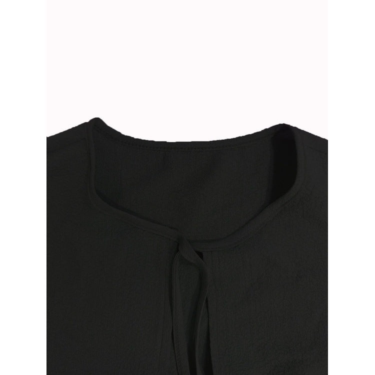 Black Short Balloon Sleeve Blouse – Chic tie front design