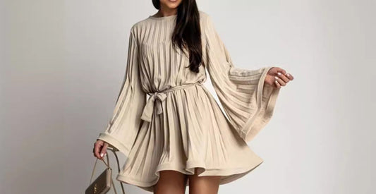 Pleated Flare Sleeve Mini Dress – Belted A-Line Party Dress for Women"
