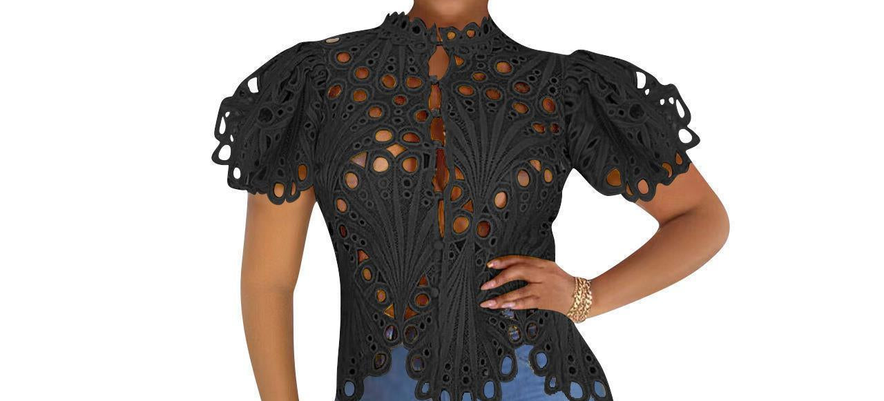 Hollow Lace Blouse for Women – Puff Sleeve Button-Up See-Through Top
