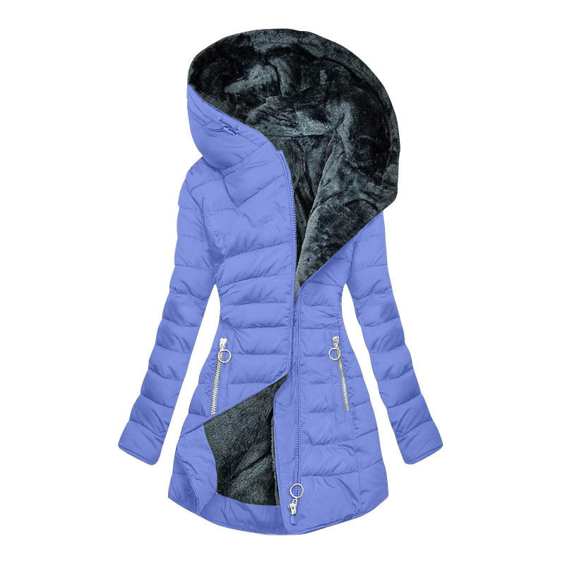 Women's Asymmetrical Zip Puffer Jacket – Hooded Winter Coat with Fleece Lining and Slim Fit