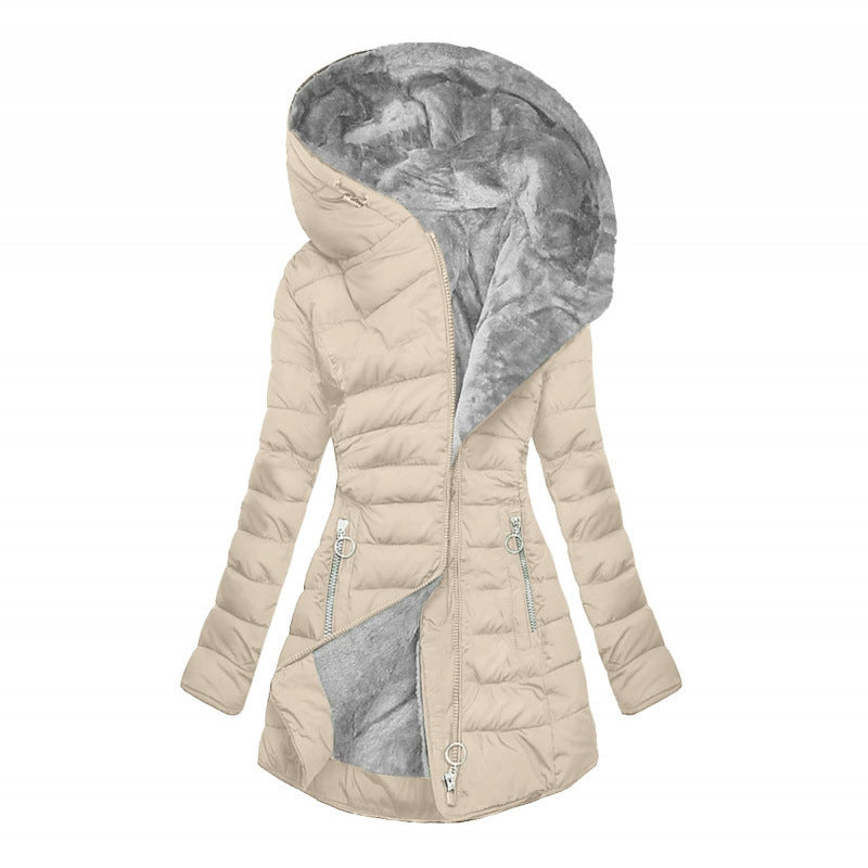 Women's Asymmetrical Zip Puffer Jacket – Hooded Winter Coat with Fleece Lining and Slim Fit