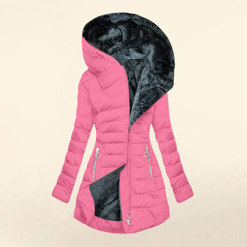 Women's Asymmetrical Zip Puffer Jacket – Hooded Winter Coat with Fleece Lining and Slim Fit