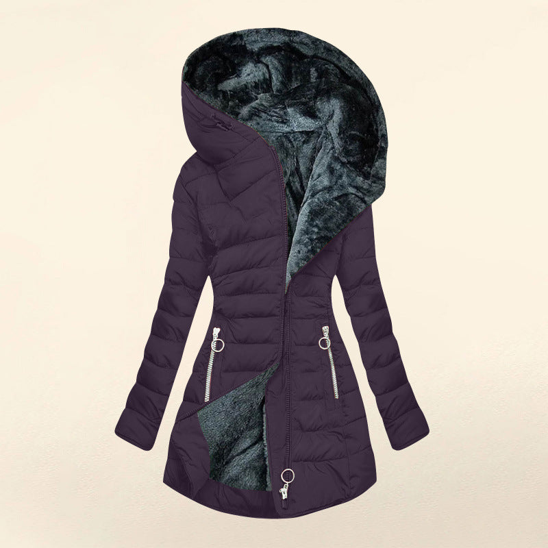 Women's Asymmetrical Zip Puffer Jacket – Hooded Winter Coat with Fleece Lining and Slim Fit