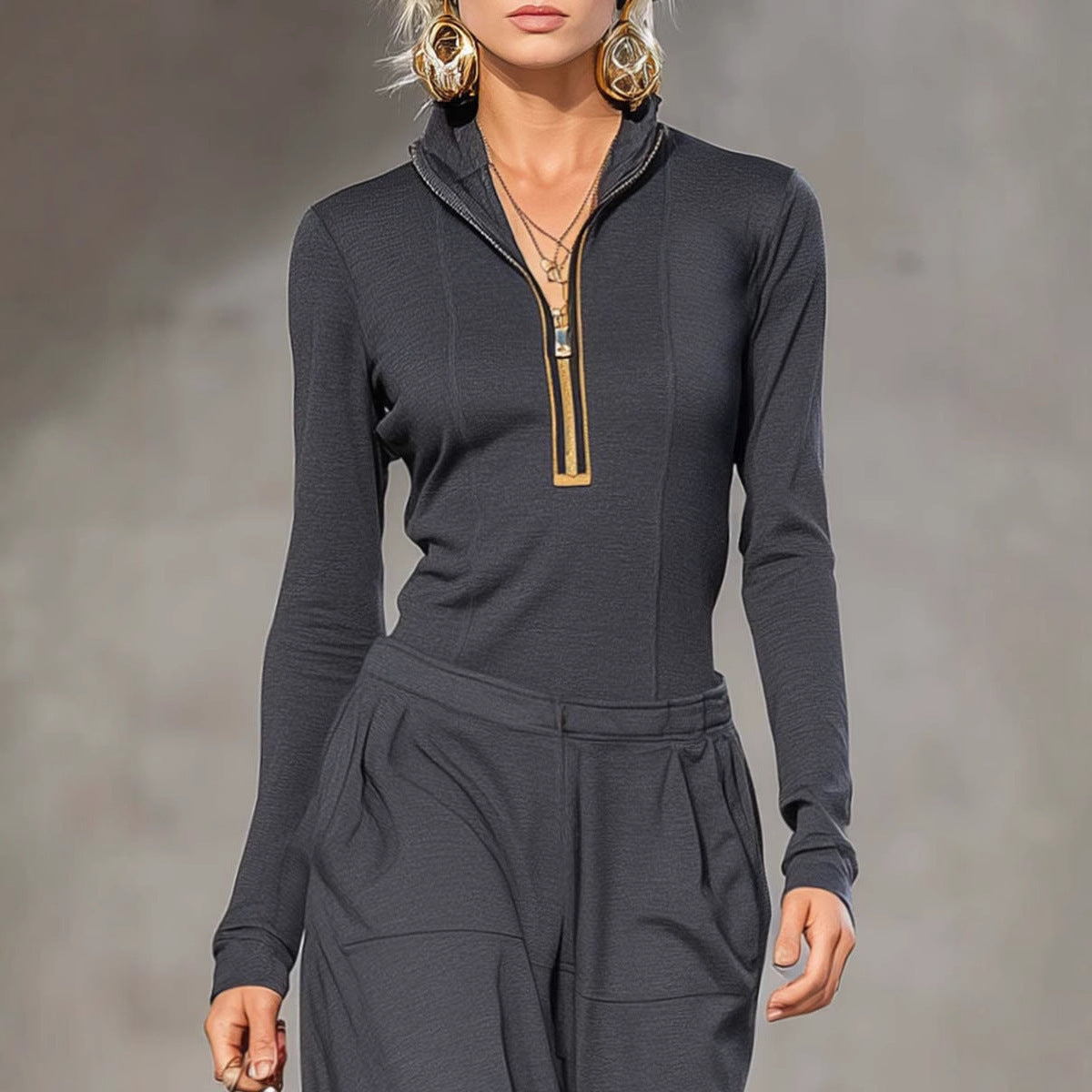 Women's Long Sleeve Wide-Leg Jumpsuit – Elegant Zip Front One-Piece Outfit for Fall & Trave