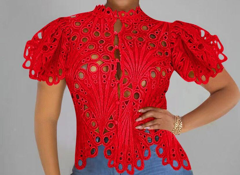 Hollow Lace Blouse for Women – Puff Sleeve Button-Up See-Through Top