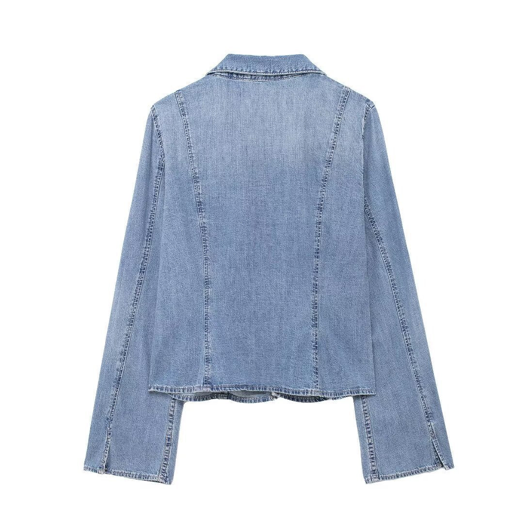 Light Blue Denim Tie Front Jacket – Long Sleeve Casual Jean Shirt for Women