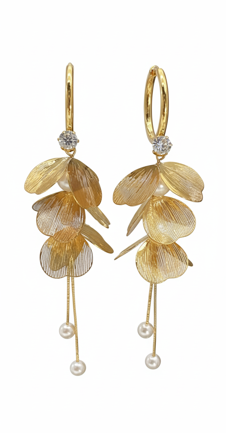 Gold Floral Drop Earrings with Pearls – Elegant Statement Dangle Earrings