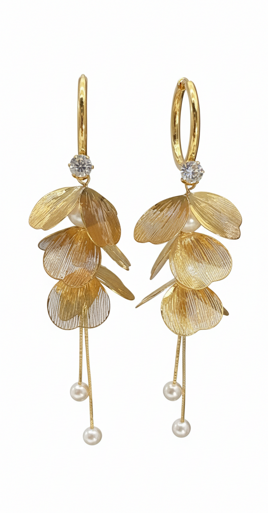 Gold Floral Drop Earrings with Pearls – Elegant Statement Dangle Earrings