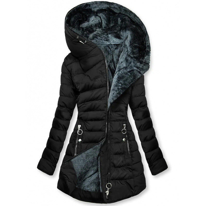 Women's Asymmetrical Zip Puffer Jacket – Hooded Winter Coat with Fleece Lining and Slim Fit