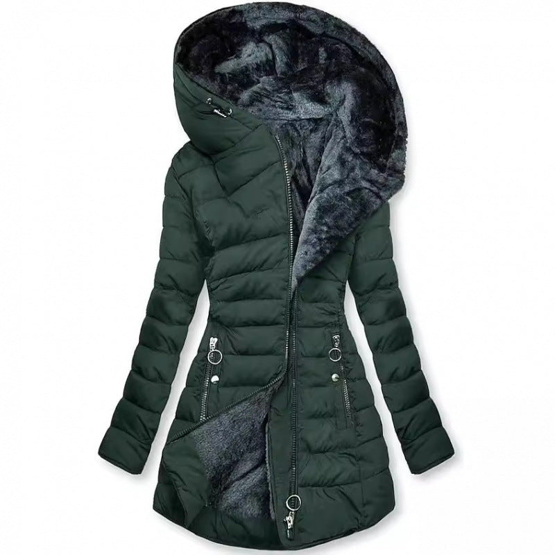 Women's Asymmetrical Zip Puffer Jacket – Hooded Winter Coat with Fleece Lining and Slim Fit