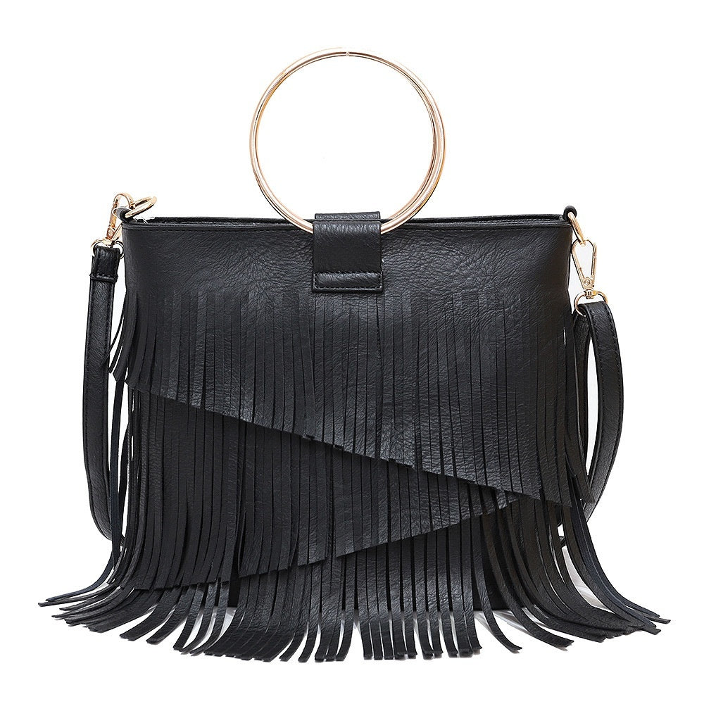 Fringe Crossbody Bag – Leather Purse with Gold Ring Handles for Women