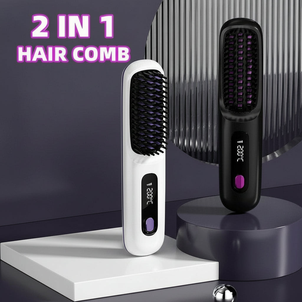 Portable 2 In 1 Straight Hair Comb Wireless Hair Straightener Brush Hair Fast Heating Portable Hot Curler USB Charging