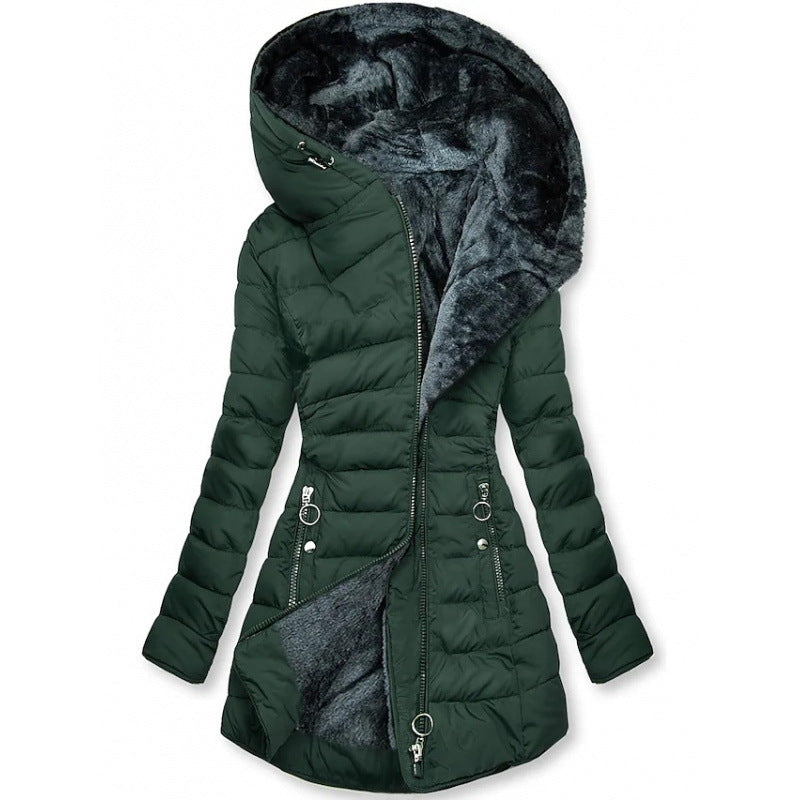 Women's Asymmetrical Zip Puffer Jacket – Hooded Winter Coat with Fleece Lining and Slim Fit