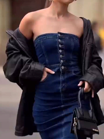 Tube Top Button-Up Denim Maxi Dress – BodyCon Tube Jean Dress for Women