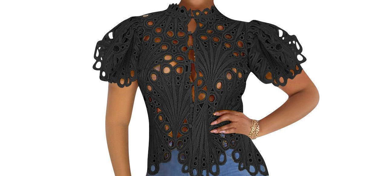 Hollow Lace Blouse for Women – Puff Sleeve Button-Up See-Through Top