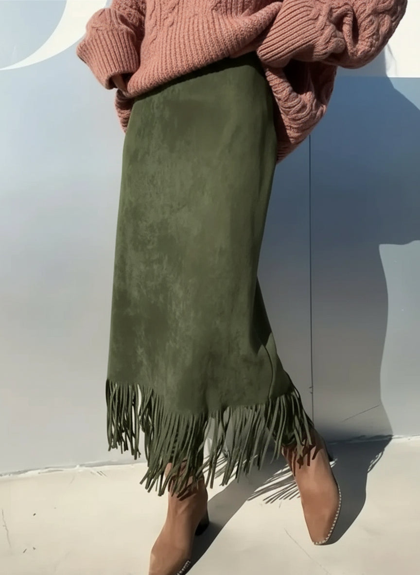 Suede Fringe Midi Skirt – Western Boho Chic Skirt for Women’s Fall Fashion