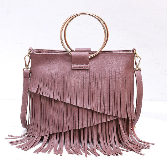 Fringe Crossbody Bag – Leather Purse with Gold Ring Handles for Women