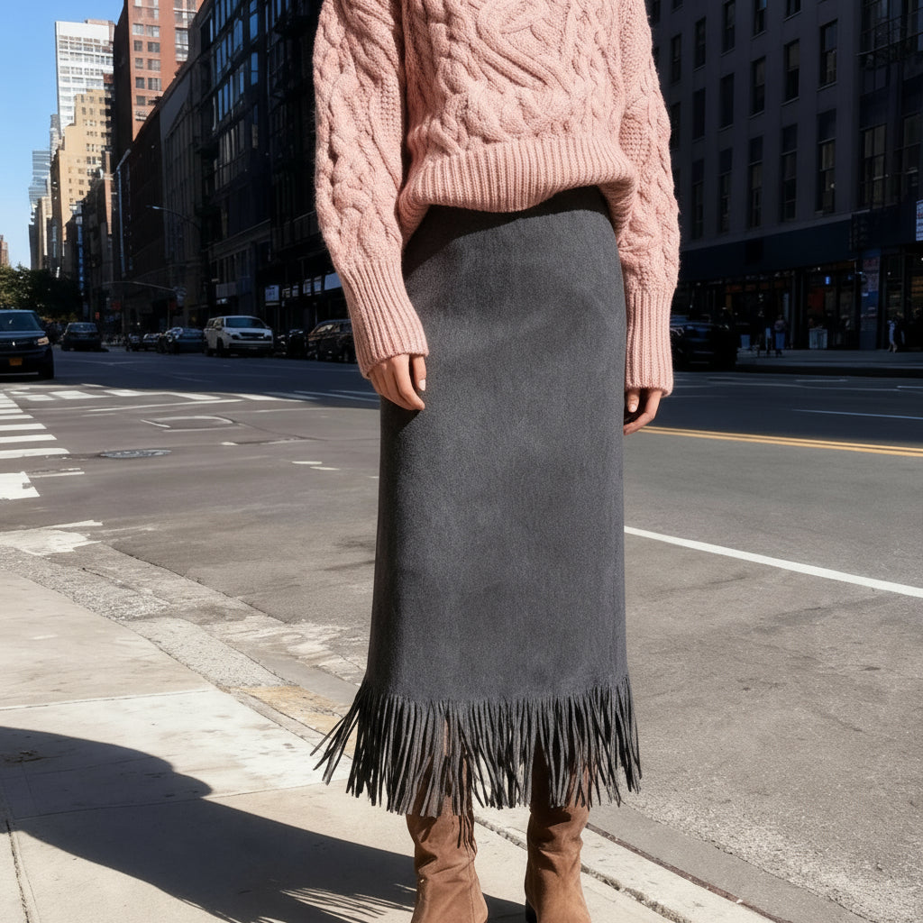 Suede Fringe Midi Skirt – Western Boho Chic Skirt for Women’s Fall Fashion