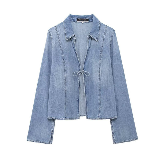 Light Blue Denim Tie Front Jacket – Long Sleeve Casual Jean Shirt for Women