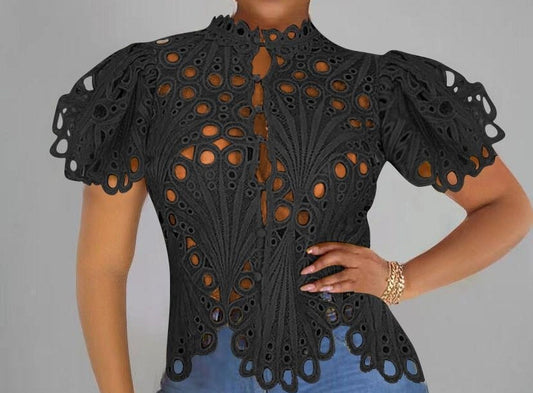 Hollow Lace Blouse for Women – Puff Sleeve Button-Up See-Through Top