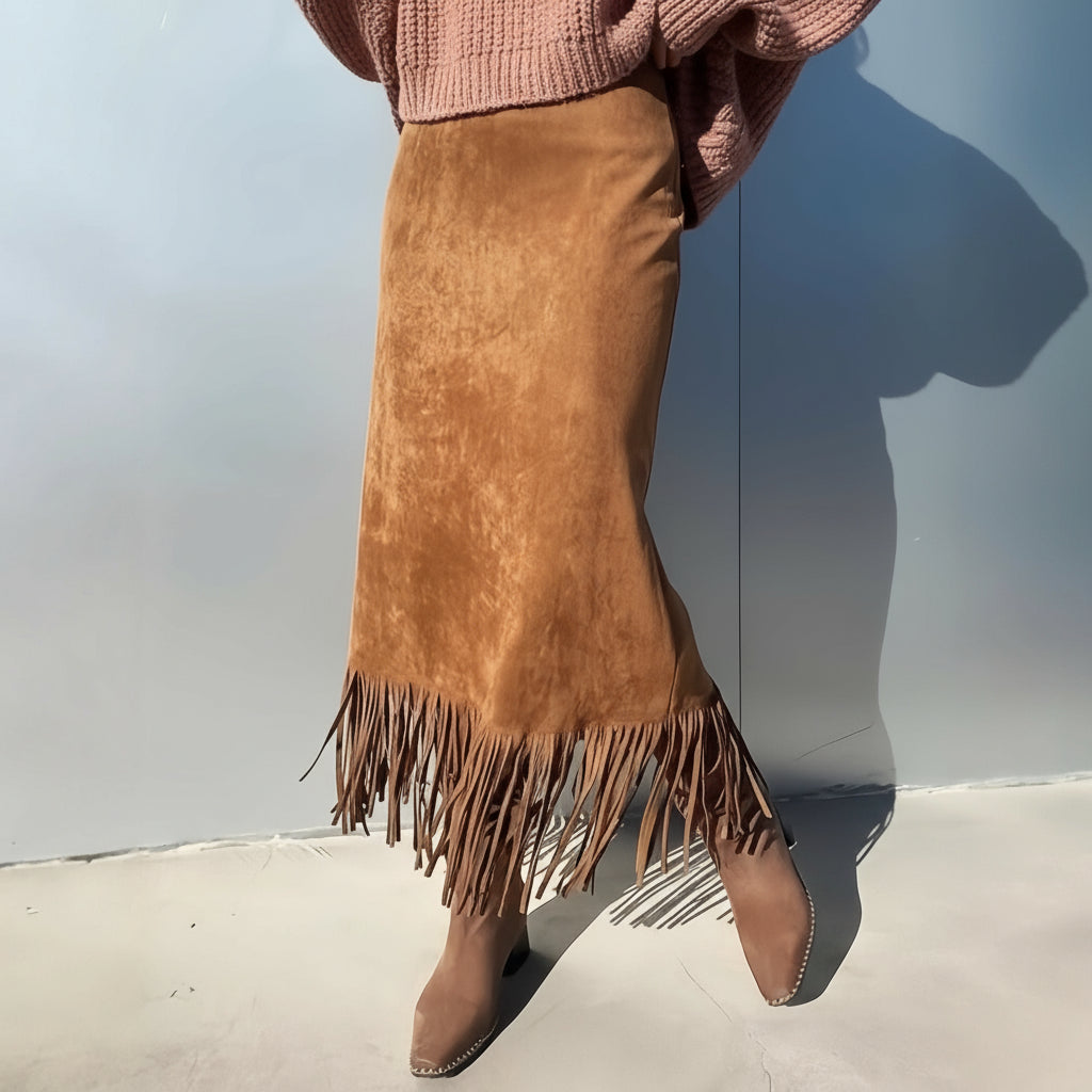Suede Fringe Midi Skirt – Western Boho Chic Skirt for Women’s Fall Fashion
