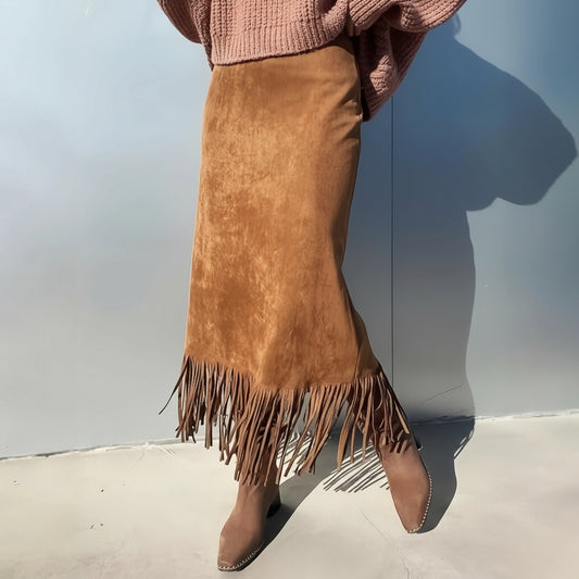 Suede Fringe Midi Skirt – Western Boho Chic Skirt for Women’s Fall Fashion