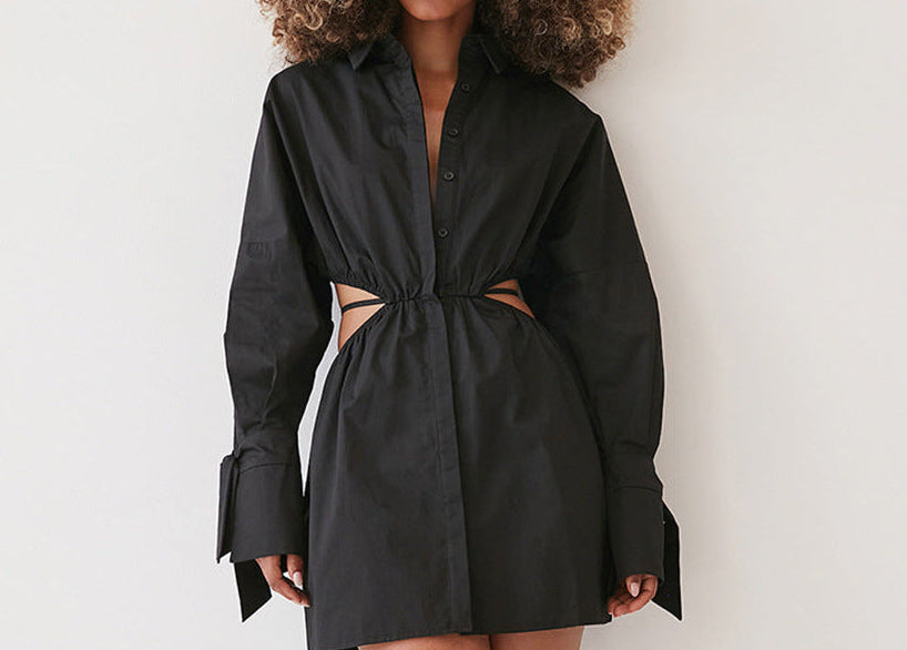 Shirt Dress Cutout Dress for Women – Long Sleeve Button-Down Mini Dress with Cinched Waist