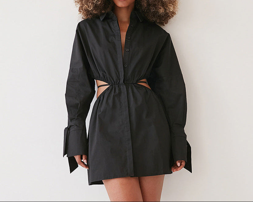 Shirt Dress Cutout Dress for Women – Long Sleeve Button-Down Mini Dress with Cinched Waist