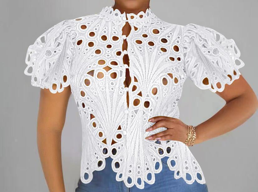 Hollow Lace Blouse for Women – Puff Sleeve Button-Up See-Through Top