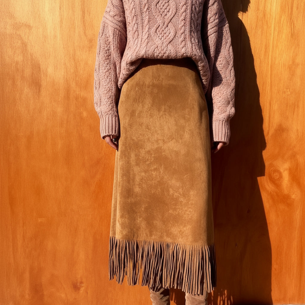 Suede Fringe Midi Skirt – Western Boho Chic Skirt for Women’s Fall Fashion