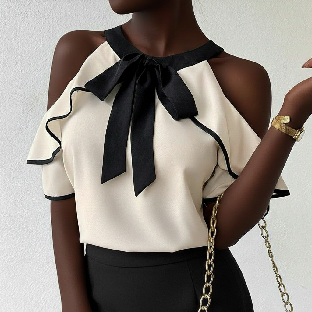 Peek-a-boo Shoulder Ruffle Blouse