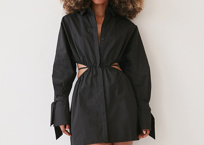 Shirt Dress Cutout Dress for Women – Long Sleeve Button-Down Mini Dress with Cinched Waist