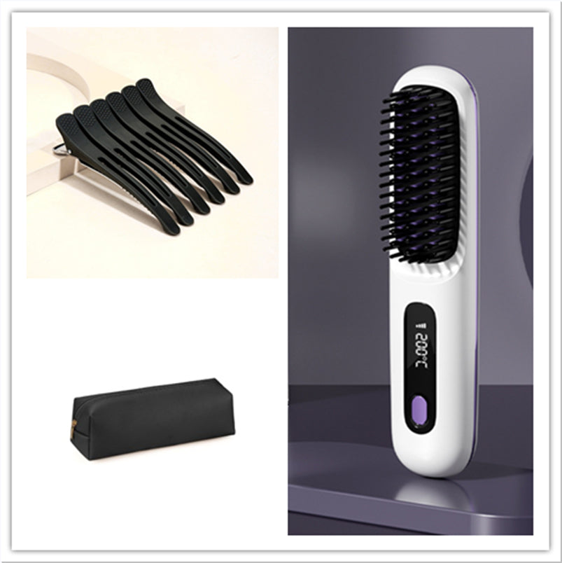 Portable 2 In 1 Straight Hair Comb Wireless Hair Straightener Brush Hair Fast Heating Portable Hot Curler USB Charging
