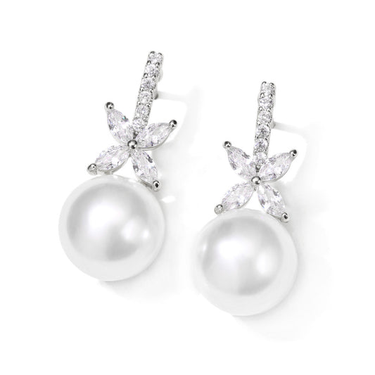 Pearl and Crystal Drop Earrings – Elegant Flower Dangle Earrings for Weddings and Special Occasions