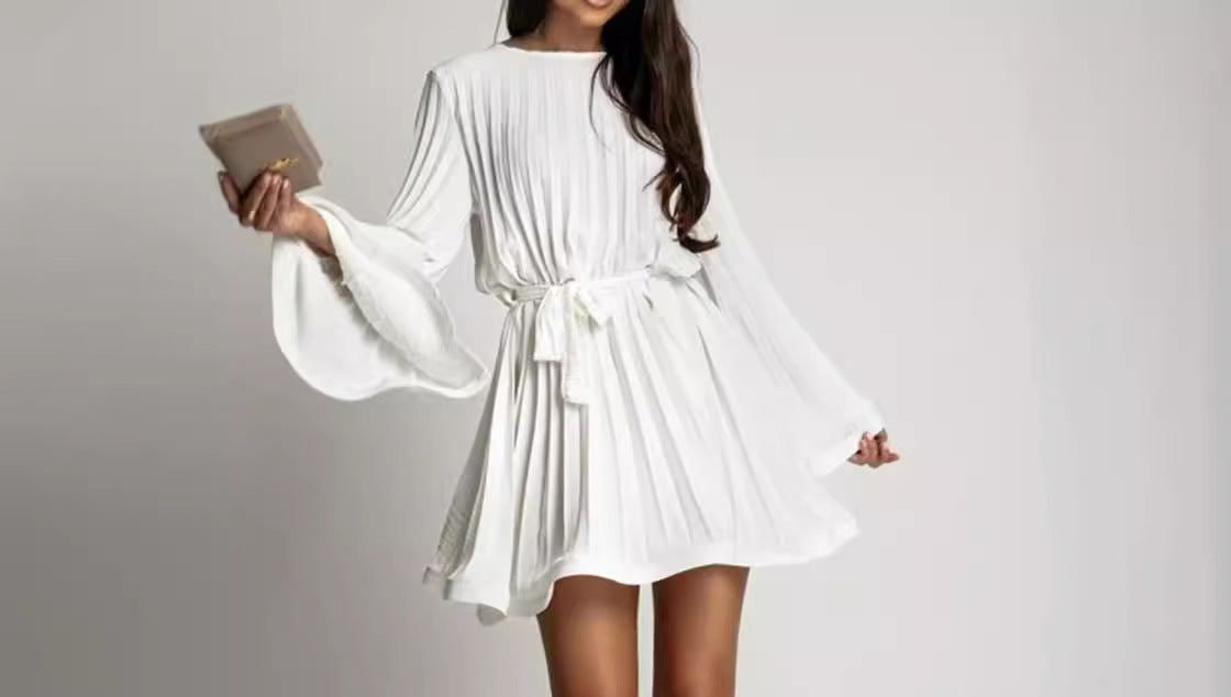 Pleated Flare Sleeve Mini Dress – Belted A-Line Party Dress for Women"