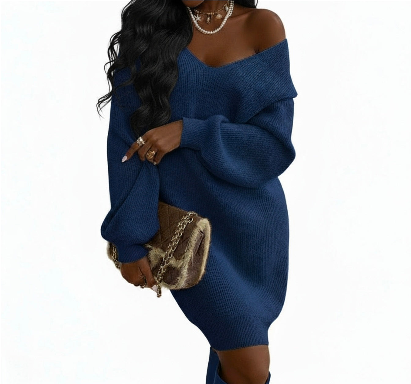 Off-Shoulder Knit Sweater Dress – Cozy Long Sleeve Oversized Dress