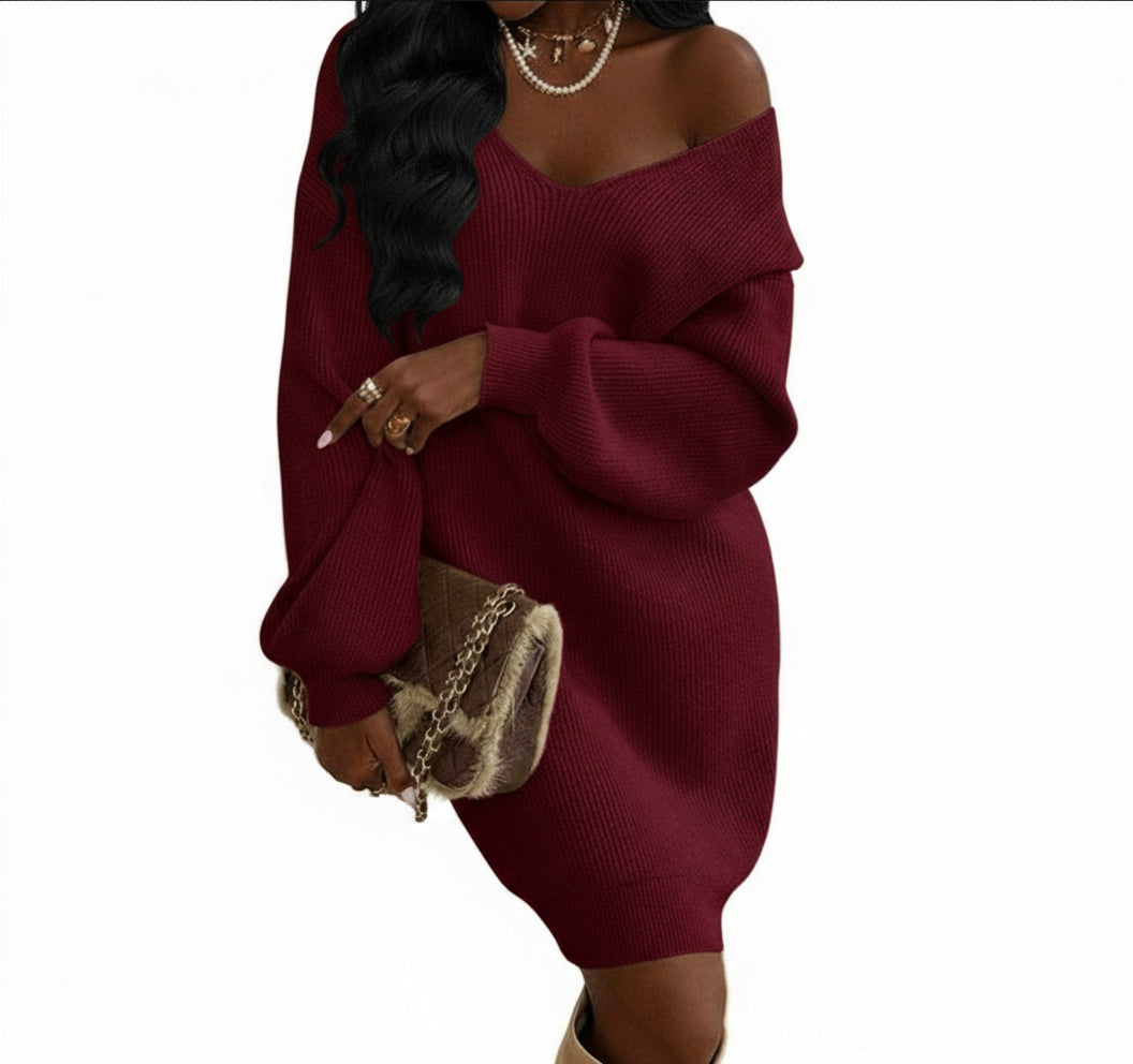 Off-Shoulder Knit Sweater Dress – Cozy Long Sleeve Oversized Dress